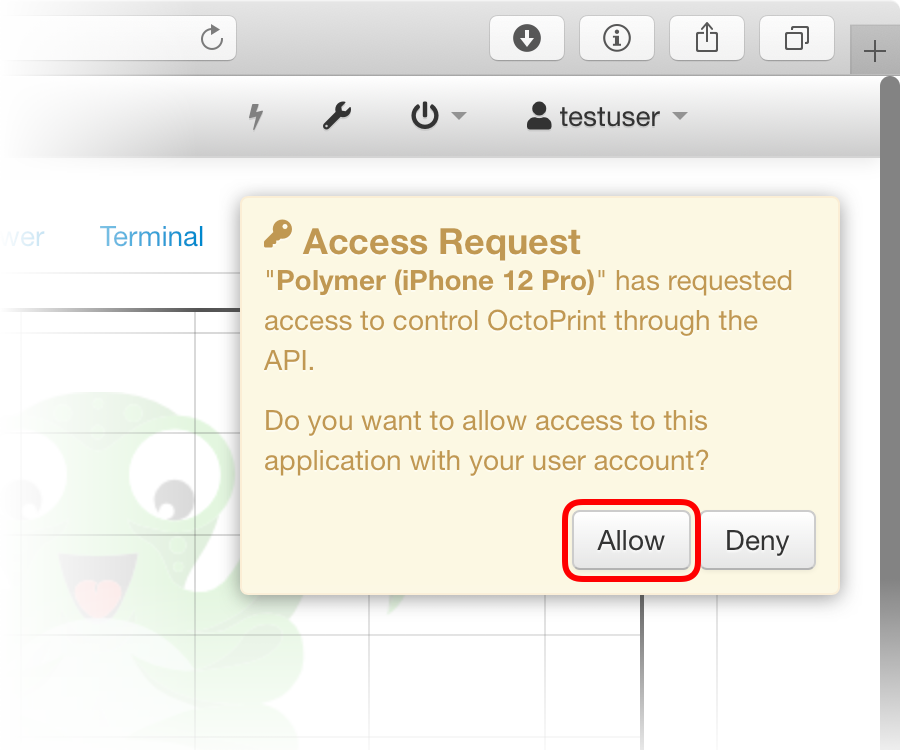 Access request dialog showing 'Allow' and 'Deny' options